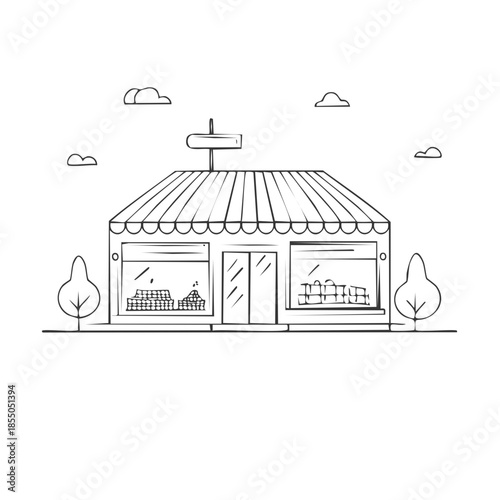 Simple store illustration - minimalistic drawing of shop with trees and clouds.