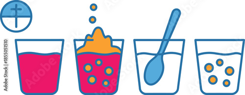 Medicine dissolving in water illustration, effervescent tablet preparation steps, healthcare instruction concept, pills mixing process, flat vector design