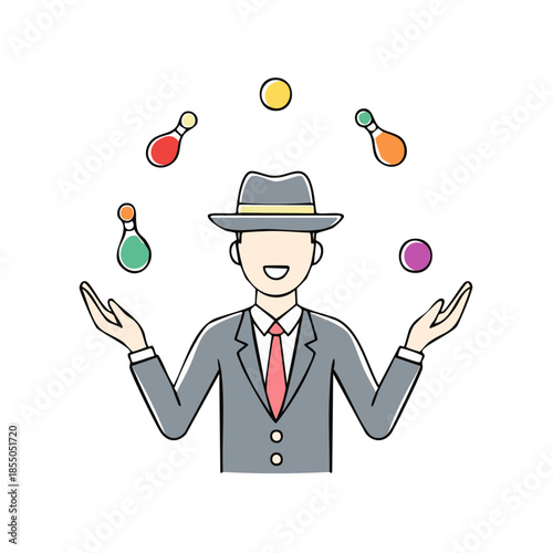 Smiling Man Juggling Balls and Pins in a Suit and Fedora Hat for Entertainment or Skill