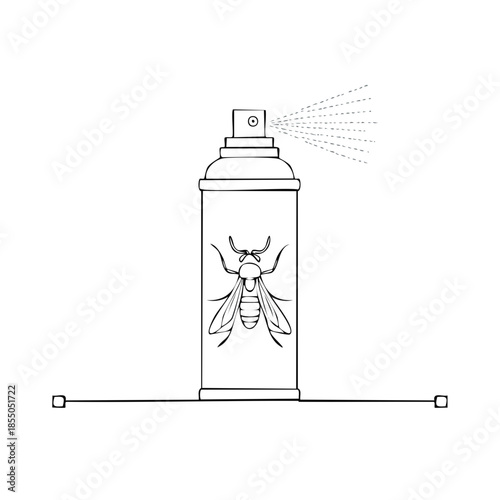 Insecticide Spray Can with Wasp Image Spreading Fine Mist Outline Illustration