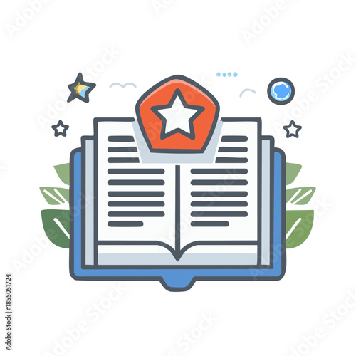 Open Book with Star Badge Icon for Success, Achievement and Education