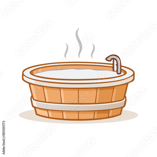Cartoon illustration of a steaming wooden bathtub with water, isolated on white, featuring a chrome faucet