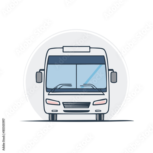 Illustration of a white coach bus vehicle with windshield wipers, headlights and side view mirrors for transportation service