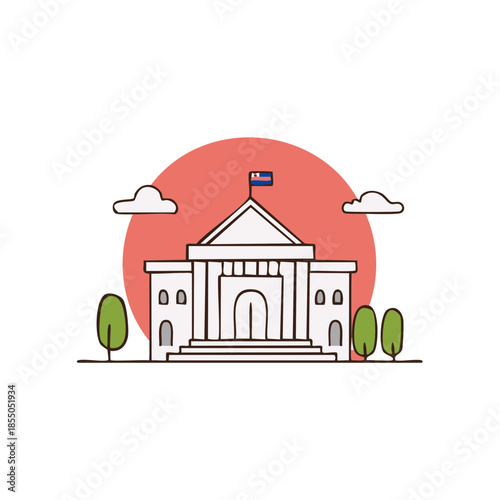 Government Building Illustration with Flag and Trees on Background of Sun and Clouds