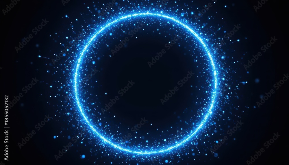 Fototapeta premium Blue light circle with shining particles on dark background Generative AI