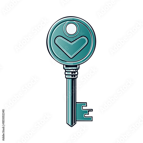 Vintage-style metal key with rounded head and descending arrow symbolizing unlocking or security, isolated against white background. Retro key symbol.