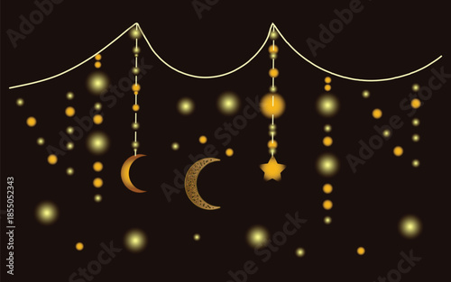 Golden Ramadan Kareem and Eid Mubarak background with hanging lanterns, crescent moon and glowing mosque silhouette at night