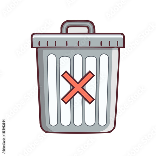 Gray trash can icon with red x mark shows delete or recycle concept for waste management
