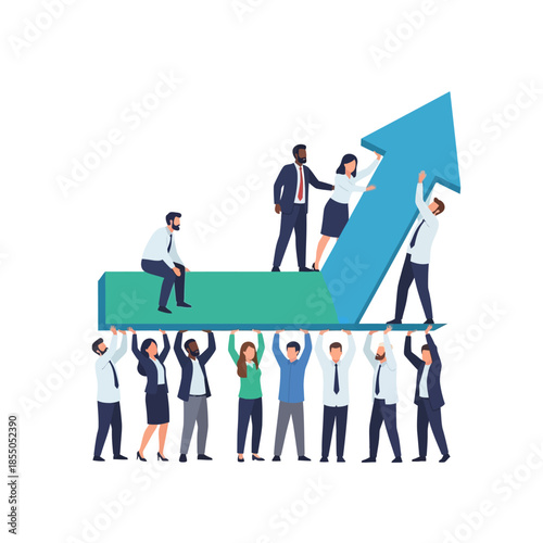 Diverse corporate team collaboratively lifting a massive upward arrow symbolizing shared business success and financial growth in a pure flat 2D vector illustration.