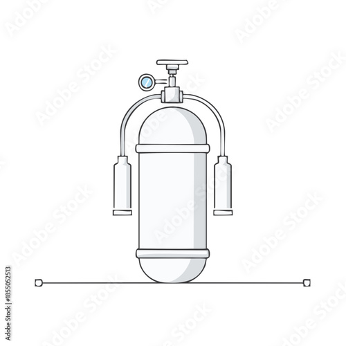 Oxygen tank vector illustration for medical or scuba diving equipment design with valve, pressure gauge, and cylinder containers