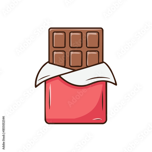 Illustration of a wrapped chocolate bar with open foil ready to be eaten for dessert and a sweet treat on white