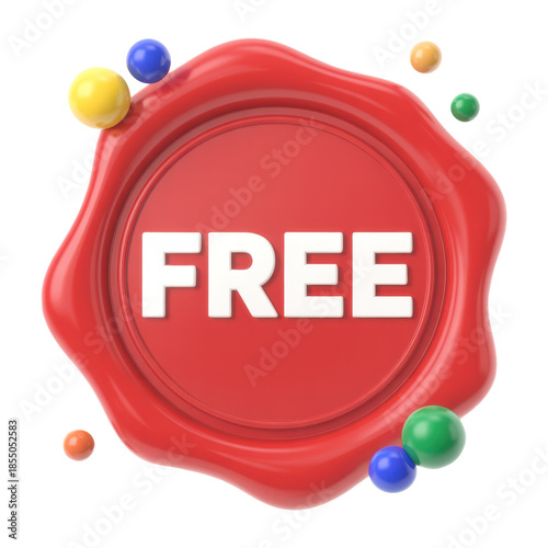 3D Red Seal with Free Text and Colorful Balls Representing Free Offer or Discount
