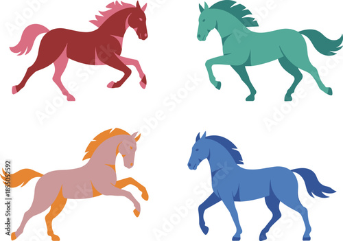 Colorful horse silhouettes illustration set, running and standing horses, minimalist flat vector design, equestrian symbols, isolated on white