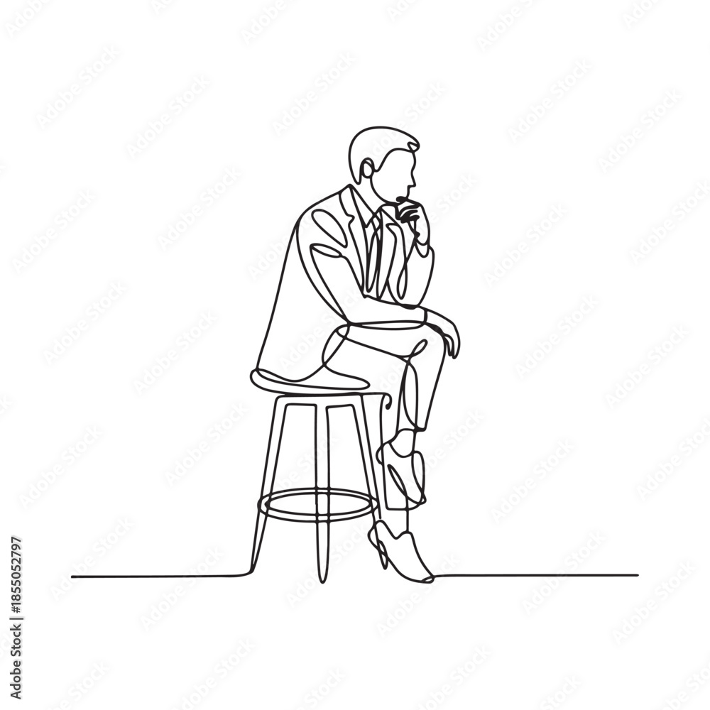 Obraz premium A contemplative man in a suit sits on a stool lost in thought