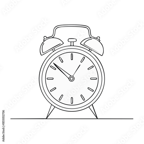 Alarm Clock Line Art Drawing of a Traditional Timepiece with Bells and Hands Marking the Time for Waking or Reminders