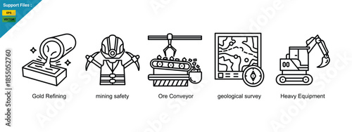 Modern gold mining processes are shown with icons for gold refining, mining safety, ore conveyor, geological survey, and heavy equipment. Outline icons set