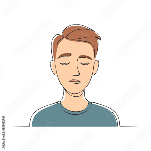 A thoughtful young man with closed eyes portrait in minimal cartoon style illustration