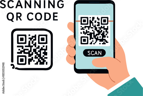 Vector illustration of smartphone scanning QR code with red scan line, blue “SCAN” button, and target code, representing mobile access, digital interaction, and smart technology usage.