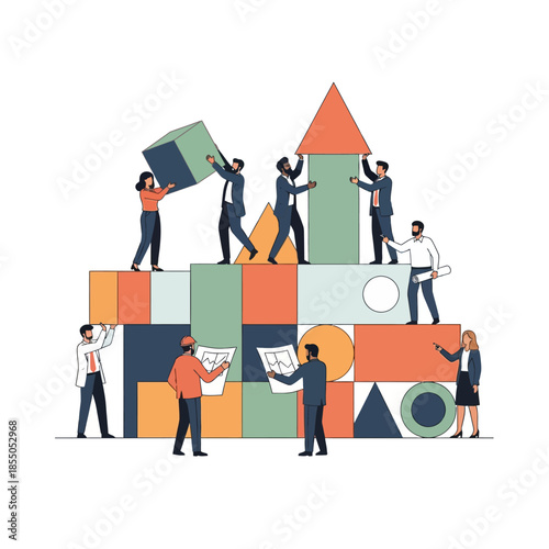 Architects and developers collaborate in this pure flat 2D vector illustration, building a complex modular geometric structure using oversized blocks to emphasize laying a strong project foundation.