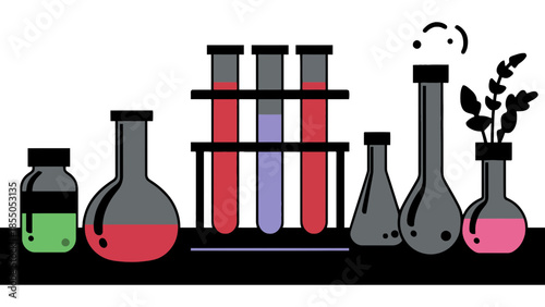 A collection of laboratory glassware and liquids is displayed on a shelf.