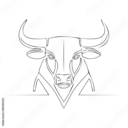 Minimalist Illustration of a Bull Head with Geometric Details and Bold Horns, Single Line Art