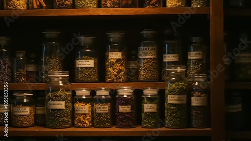 Vintage Apothecary Shelves Filled with Jars of Herbs and Spices.
