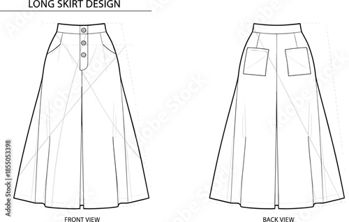 Long skirt technical vector illustration, front and back view women fashion flat sewing pattern design