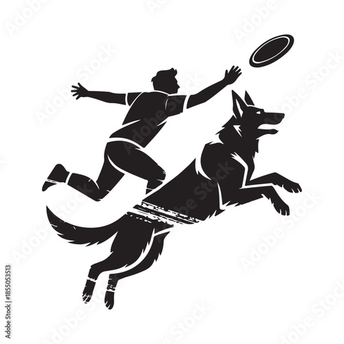 A dynamic silhouette of a man and dog playing frisbee together
