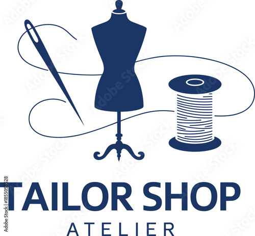 Tailor shop atelier logo design with mannequin needle and thread, elegant black and white fashion sewing brand identity