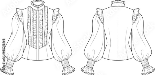 Victorian corset blouse vector illustration, front and back view ruffled women vintage fashion design