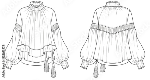 Victorian peplum blouse vector illustration, front and back view ruffled women vintage fashion flat design