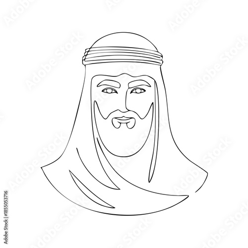 Middle Eastern Man Portrait - One Line Continuous Minimalist Drawing Arab Male with Beard and Traditional Headwear