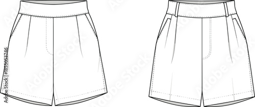 Women elastic waist shorts vector illustration, front and back view casual fashion flat technical design
