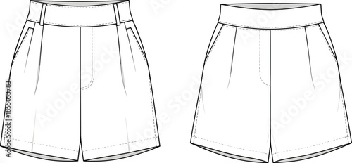 Women high waist shorts vector illustration, front and back view casual fashion flat technical design