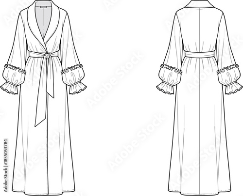 Women elegant wrap maxi dress vector illustration, front and back view vintage fashion flat design