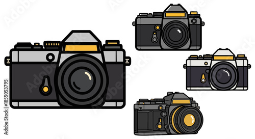Collection of vintage film camera illustrations showcasing classic analog design elements with black gray and yellow accents perfect for photography history projects or nostalgic graphic concepts