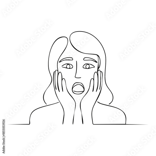 Shocked woman one line drawing expressing surprise and astonishment with open mouth and hands on face
