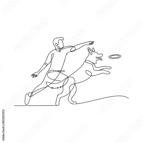 A man throwing a frisbee to his dog depicted in a single line drawing