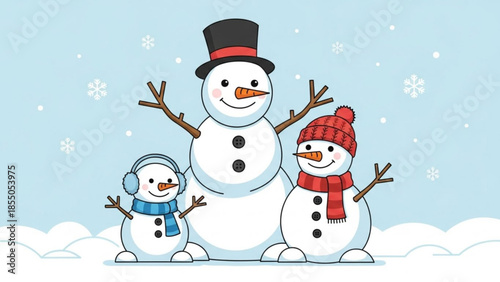 Three snowmen standing together in snowy landscape with snowflakes, winter scene with happy snow figures
