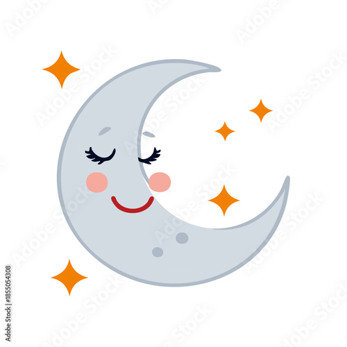 Smiling Crescent Moon Surrounded by Stars, Sleeping Moon with Blinking Eyelashes for Kids, Cute Cartoon Character