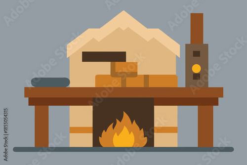 A Rustic Cabin Workspace with a Log Desk and Stone Floor