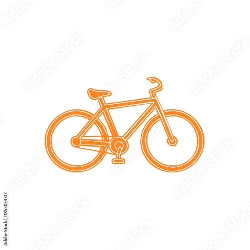 Single orange bicycle outline drawing featuring handlebars, frame, seat and pedal set on a white backdrop in graphic design