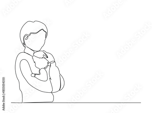 Minimalist continuous line drawing of a mother gently holding and cradling her newborn baby.