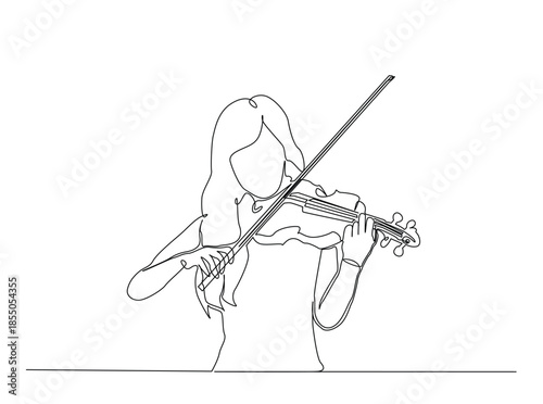 Continuous Line Drawing of a young woman playing a violin with a bow.