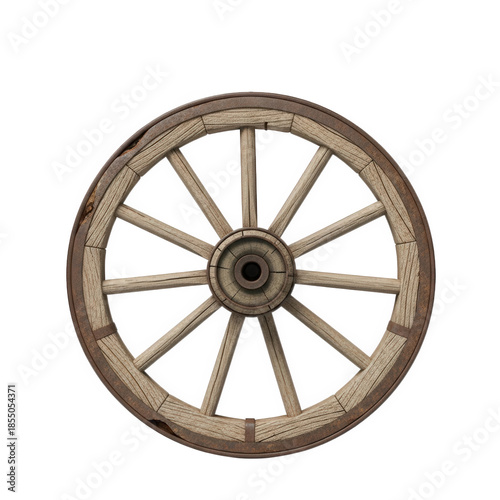 Old rustic wooden wagon wheel isolated on a white background