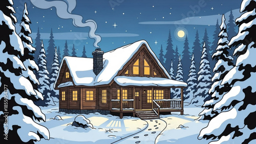 Cozy snow covered cabin with lit windows and smoke rising from chimney in winter forest under starry night