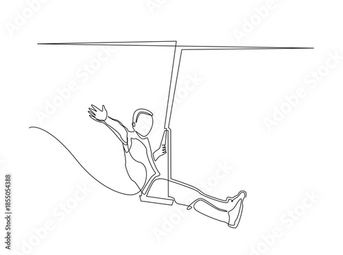 Minimalist Continuous Line Drawing Art of a little boy sitting on a swing, holding the ropes with both hands.