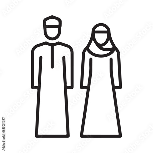 Simple line drawing depicts a man and woman in traditional arabic clothing