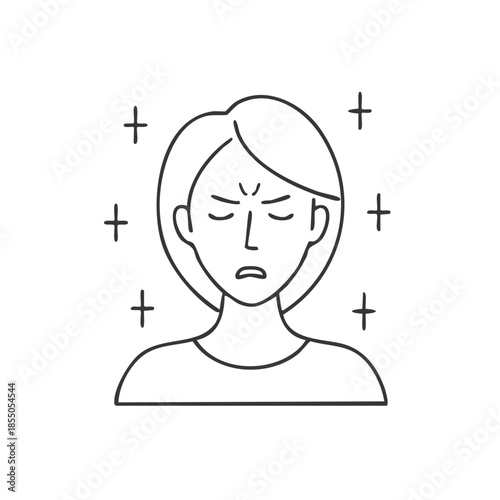 Woman with migraine experiences a headache, displaying line art symptoms and negative emotions. Illustrative signs of distress are present.