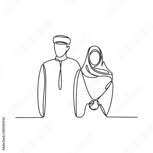 Continuous line drawing of a couple in traditional islamic clothing